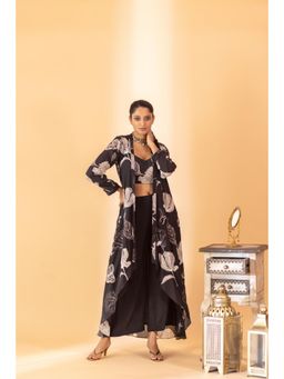 Sshilpa Samriya - Black Floral Printed Shrug with Bustier and Palazzo (Set of 3)