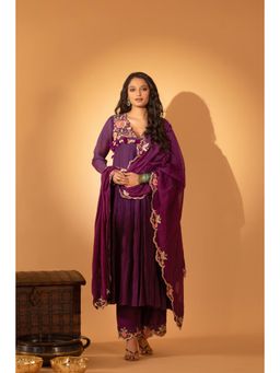 Sshilpa Samriya - Purple Hand Embroidered Anarkali with Pants and Dupatta (Set of 3)