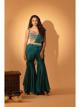 Sshilpa Samriya - Teal Embroidered Blouse with Draped Attached Sharara and Belt (Set of 3)