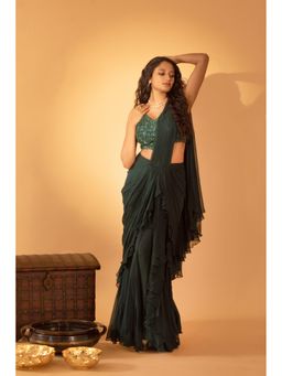 Sshilpa Samriya - Bottle Green Embroidered Pre-Draped Saree with Stitched Blouse