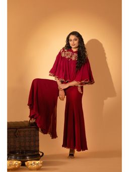 Sshilpa Samriya - Maroon Jumpsuit with Embroidered Cape (Set of 2)