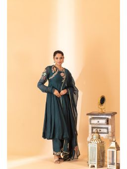 Sshilpa Samriya - Teal Green Hand Embroidered Anarkali with Pant and Dupatta (Set of 3)