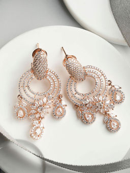 Priyaasi - American Diamond Rose Gold Plated Floral Chandbali Earrings