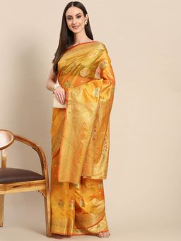 Odette - Mustard Woven Organza Saree with Unstitched Blouse