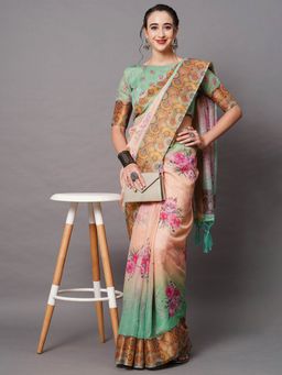 Odette - Peach Festive Linen Blend Printed Saree with Unstitched Blouse