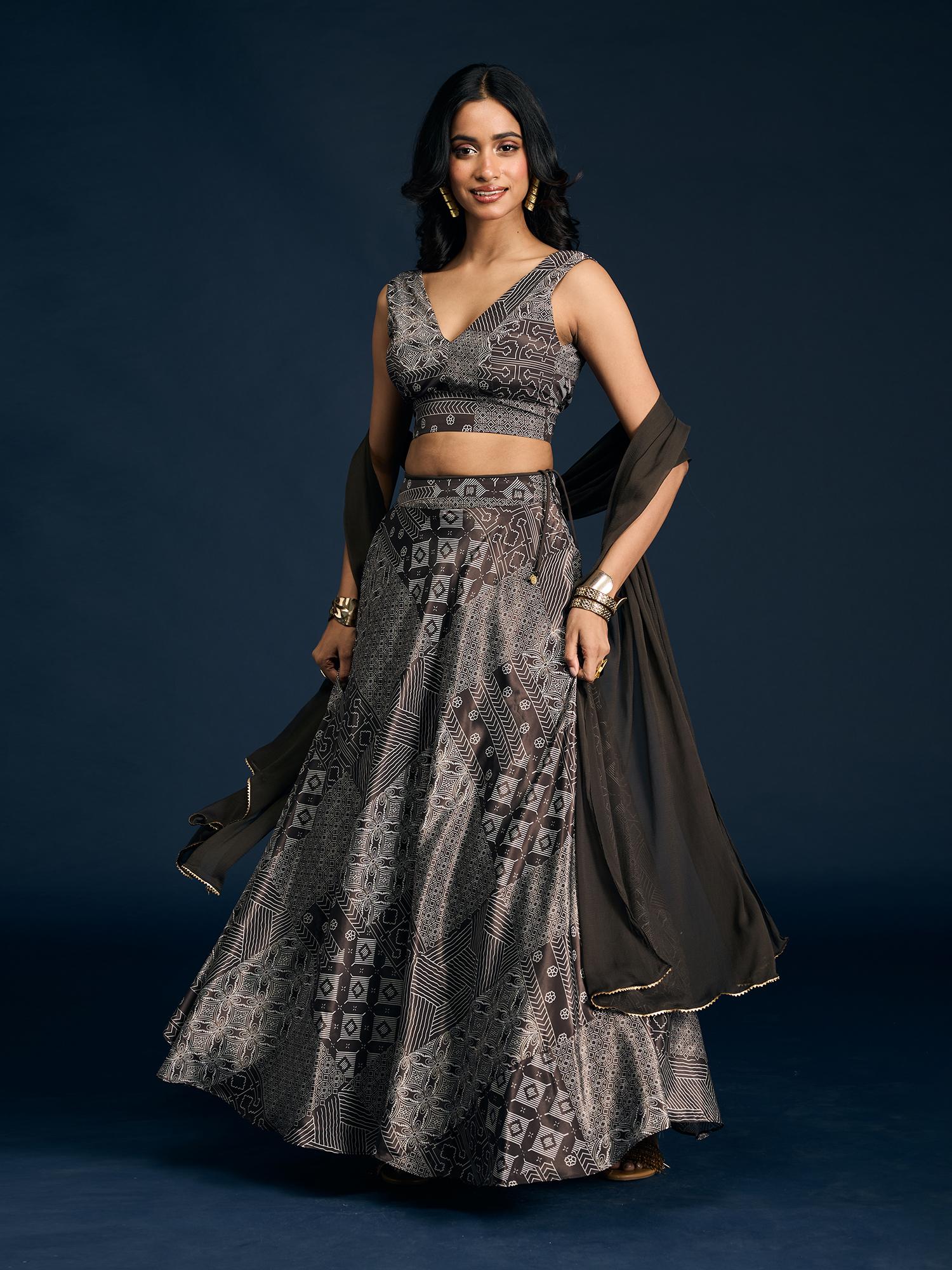 Brown Satin Printed Lehenga, Blouse & Dupatta Eastern Souk (Set of 3)-image-19
