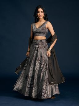 Gajra Gang - Brown Satin Printed Lehenga, Blouse & Dupatta Eastern Souk (Set of 3)