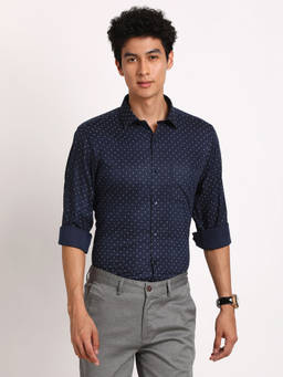 Turtle - Men 100% Cotton Printed Slim Fit Blue Formal Shirt