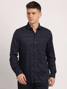 Turtle - Men Cotton Tencel Regular Fit Printed Navy Blue Formal Shirt