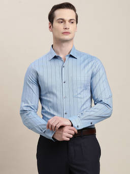 Turtle - Men 100% Cotton Slim Fit Striped Light Blue Formal Shirt
