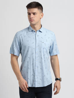 Turtle - Men Cotton Tencel Printed Slim Fit Light Blue Casual Shirt