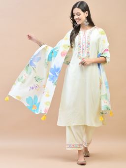 Shree - Women Liva Lemon Yellow Embroidered Kurta with Pant & Dupatta (Set of 3)