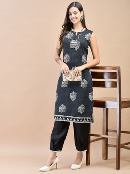 Shree - Women Liva Rayon Black Floral Print Kurta with Harem Pant (Set of 2)