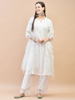 Shree - Women Liva Rayon Off White Embroidered Kurta with Pant & Dupatta (Set of 3)