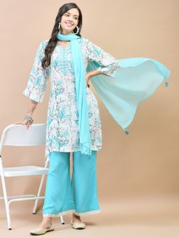 Shree - Women Liva Rayon Blue Floral Print Kurta & Pant with Dupatta (Set of 3)