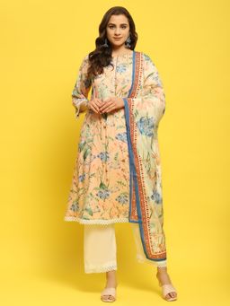 Shree - Women Liva Rayon Peach Tropical Print Kurta with Pant & Dupatta (Set of 3)