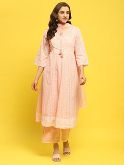 Shree - Women Cotton Peach Geometric Print Kurta with Pant & Dupatta (Set of 3)