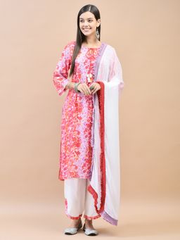 Shree - Women Liva Rayon Pink Floral Print Kurta with Pant & Dupatta (Set of 3)