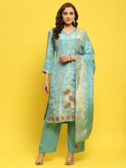 Shree - Women Silk Blue Woven Kurta with Pant & Dupatta (Set of 3)