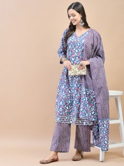 Shree - Women Poly Cotton Blue Floral Print Kurta with Pant & Dupatta (Set of 3)