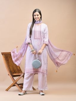 Shree - Women Viscose Lilac Geometric Print Kurta with Pant & Dupatta (Set of 3)