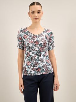 SALT Attire - Leisure Floral Ruched Sleeves T-Shirt