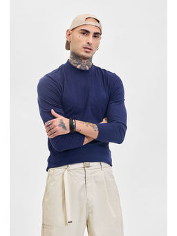 Snitch - Navy Solid Full Sleeves Slim Casual Sweaters for Men