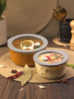 Glasafe - Set Of 2 Borosilicate Glass Bowl With Lid For Serving & Mixing (Grey, 950Ml +1600Ml)