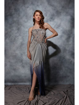 Saaj by Ankita - Silver Corset Gown with Ombre Drape