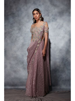 Saaj by Ankita - Mauve Pearl Embroidered Anarkali Gown with Drape