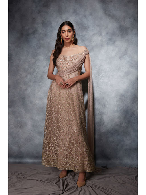 Buy Saaj by Ankita Rose Gold Crystal Work Anarkali Gown with Drape (XS)  Online