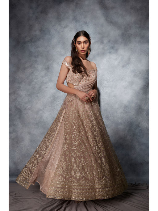Buy Saaj by Ankita Rose Gold Crystal Work Anarkali Gown with Drape (XS)  Online