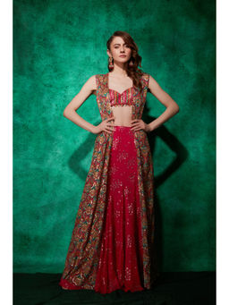 Saaj by Ankita - Magenta Long Cape with Lehenga & Blouse (Set of 3)