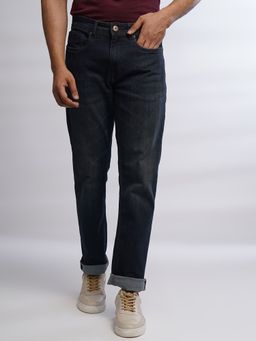 Greenfibre - Mens Navy Blue Cotton Stretch Straight Fit Washed Jeans
