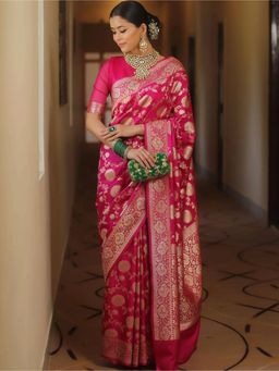 Anjaneya Sarees - Pink Woven Designer Banarasi Kanjivaram Saree with Unstitched Blouse