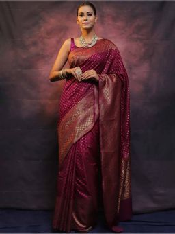 Anjaneya Sarees - Wine Woven Designer Banarasi Kanjivaram Saree with Unstitched Blouse