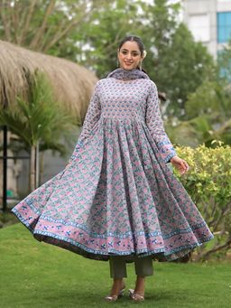 Divena - Blue Floral Print Anarkali Kurta with Pant and Dupatta (Set of 3)