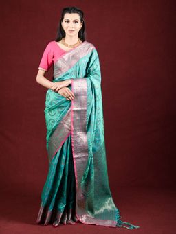 EXCLUSIVA - Green Banarasi Blended Silk Woven Saree Zari Work with Unstitched Blouse