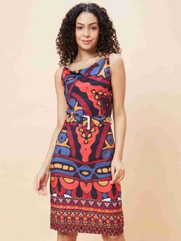 Globus - Women Boho Print Shoulder Stripe Neck Belted Bodycon Dress