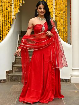 Lavanya The Label - Red Slit Lehenga (Set of 4)