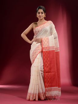 CHARUKRITI - White with Geometric Motif and Pattern Saree with Unstitched Blouse