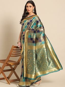 Akhilam - Womens Silk Blend Teal Blue Woven Design Designer Saree with Unstitched Blouse