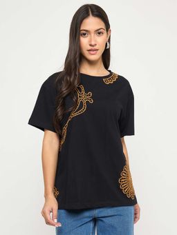Madame - Black Embroidery Detailed Cotton T-shirt