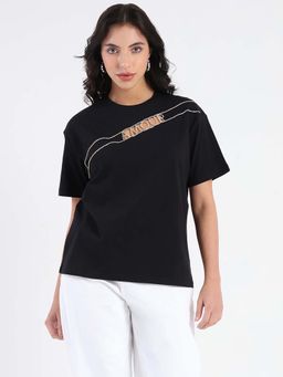 Madame - Black Embellished Cutwork Detail Cotton T-shirt