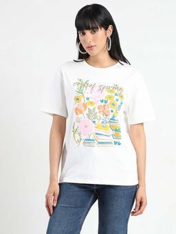 Madame - White Graphic Printed Cotton T-shirt