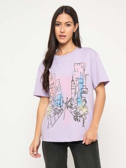 Madame - Lavender Graphic Print Cotton T-shirt
