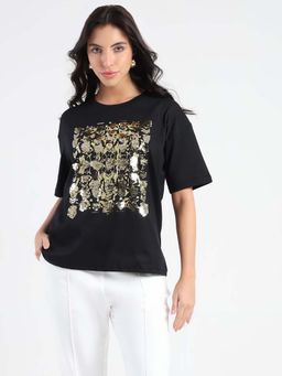 Madame - Black Embellished Cotton T-shirt