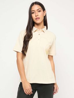 Madame - Beige Botanical Print Cotton Blend Polo T-shirt