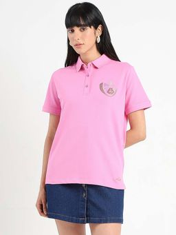 Madame - Pink Embellished Cotton Blend Polo T-shirt