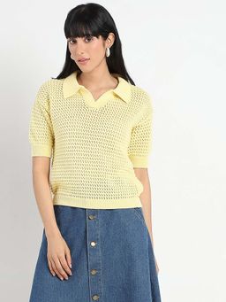Madame - Yellow Semi Sheer Cotton Knitted Top